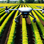 A futuristic farm scene depicting robots working autonomously in a field. The robots are harvesting crops, monitoring plant health with sensors, and precisely applying fertilizer. Drones fly overhead, collecting data. The overall feel is efficient, technologically advanced, and sustainable.