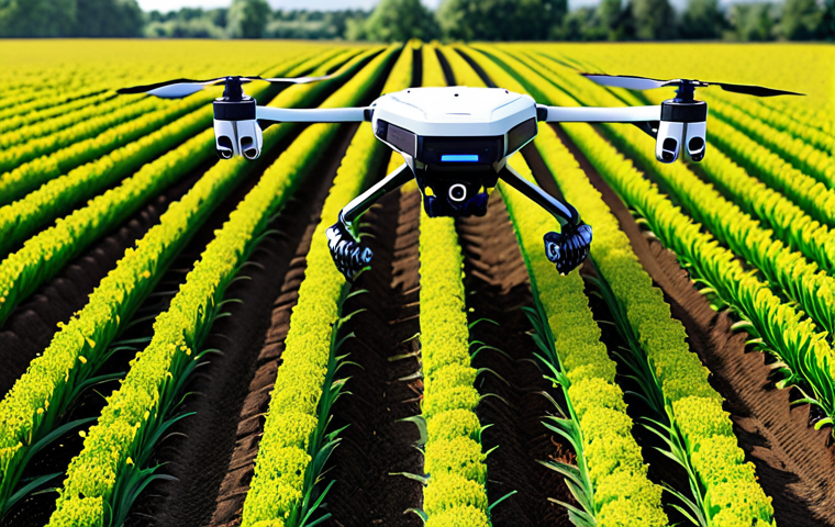 A futuristic farm scene depicting robots working autonomously in a field. The robots are harvesting crops, monitoring plant health with sensors, and precisely applying fertilizer. Drones fly overhead, collecting data. The overall feel is efficient, technologically advanced, and sustainable.