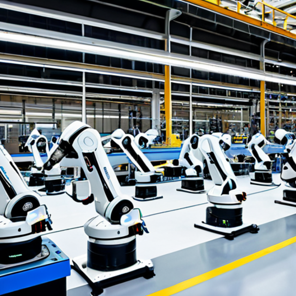 **

A bustling, modern factory floor showcasing advanced robotics and automation. Robotic arms precisely assemble components on a production line, while engineers in professional attire monitor the process using digital interfaces. Focus on clean, efficient machinery and a bright, well-lit environment. Fully clothed workers, appropriate attire, safe for work, perfect anatomy, correct proportions, professional setting, high quality.

**