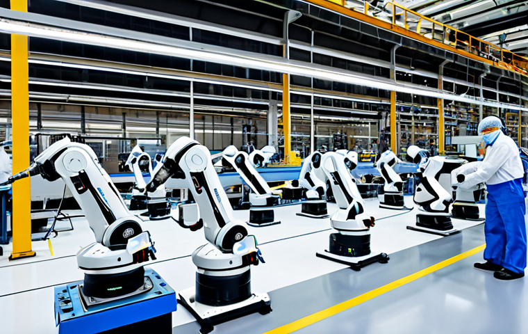 **

A bustling, modern factory floor showcasing advanced robotics and automation. Robotic arms precisely assemble components on a production line, while engineers in professional attire monitor the process using digital interfaces. Focus on clean, efficient machinery and a bright, well-lit environment. Fully clothed workers, appropriate attire, safe for work, perfect anatomy, correct proportions, professional setting, high quality.

**