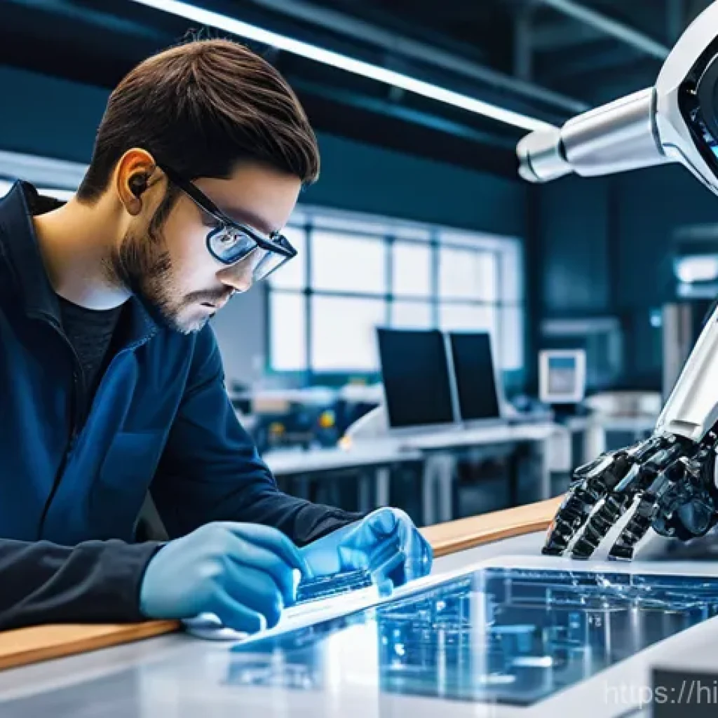 로봇기술사와 로봇 안전 기술 - **Prompt:** A wide-angle, cinematic shot of a modern robotics lab. In the foreground, a diverse team...