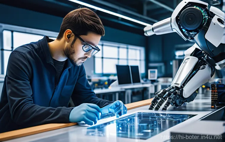 로봇기술사와 로봇 안전 기술 - **Prompt:** A wide-angle, cinematic shot of a modern robotics lab. In the foreground, a diverse team...
