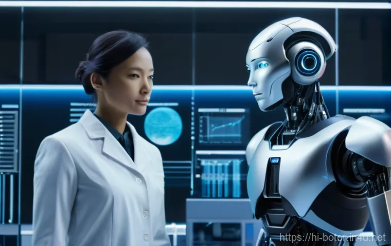 로봇기술사 시험 준비 체크리스트 - "A clean, futuristic laboratory where a highly advanced, humanoid robot stands alongside a human res...