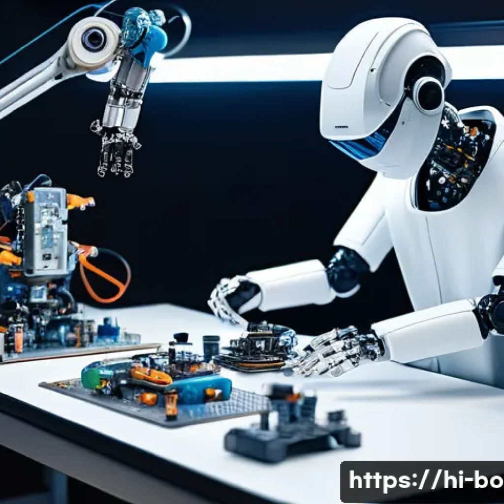 로봇기술사 시험 과목 분석 - A detailed mechanical assembly scene showing a humanoid robot being constructed by a technician wear...