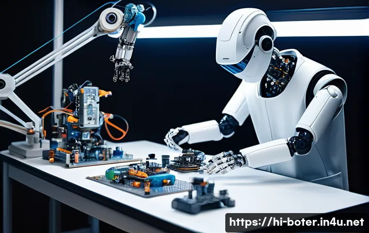 로봇기술사 시험 과목 분석 - A detailed mechanical assembly scene showing a humanoid robot being constructed by a technician wear...