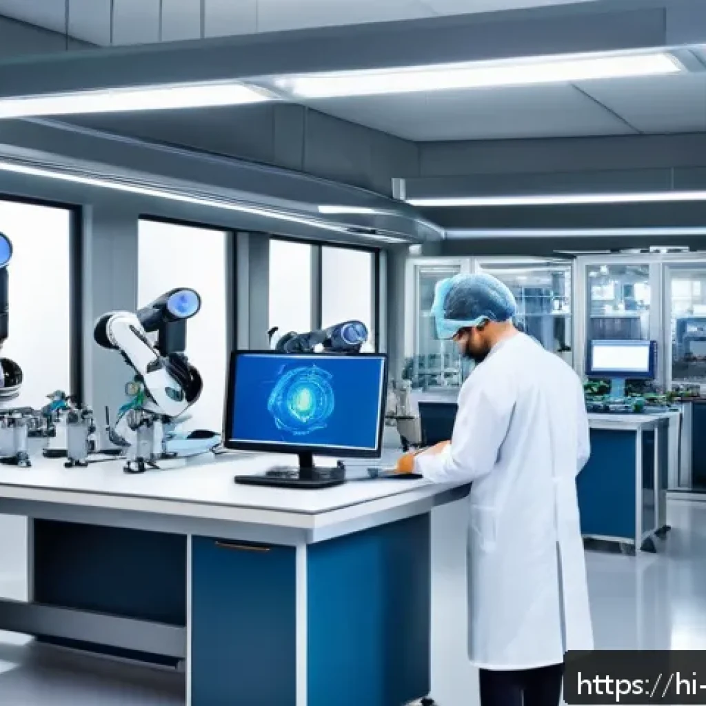 로봇기술사와 대학원 진학 전략 - A detailed futuristic robotics laboratory scene showcasing advanced industrial and medical robots in...