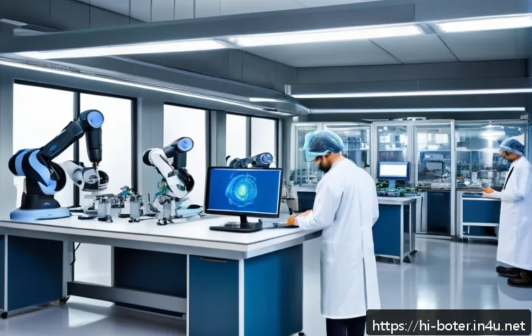 로봇기술사와 대학원 진학 전략 - A detailed futuristic robotics laboratory scene showcasing advanced industrial and medical robots in...