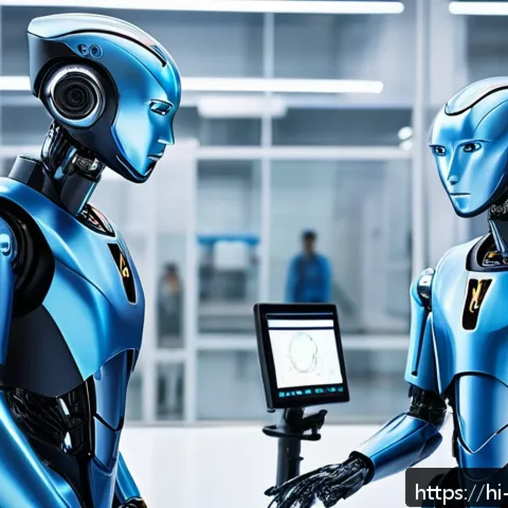 로봇기술사와 로봇 개발 협력 사례 - A highly detailed futuristic robotics laboratory showcasing AI-powered humanoid robots collaborating...