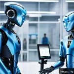 Home 22 로봇기술사와 로봇 개발 협력 사례 - A highly detailed futuristic robotics laboratory showcasing AI-powered humanoid robots collaborating...