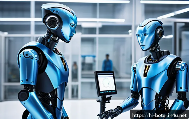 로봇기술사와 로봇 개발 협력 사례 - A highly detailed futuristic robotics laboratory showcasing AI-powered humanoid robots collaborating...