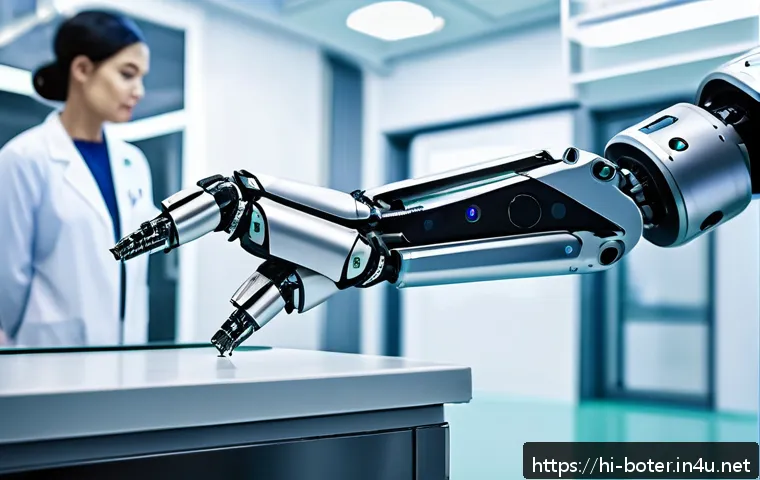로봇기술사와 다관절 로봇 설계 - A highly detailed multi-jointed robot arm designed for surgical precision, featuring sleek titanium ...