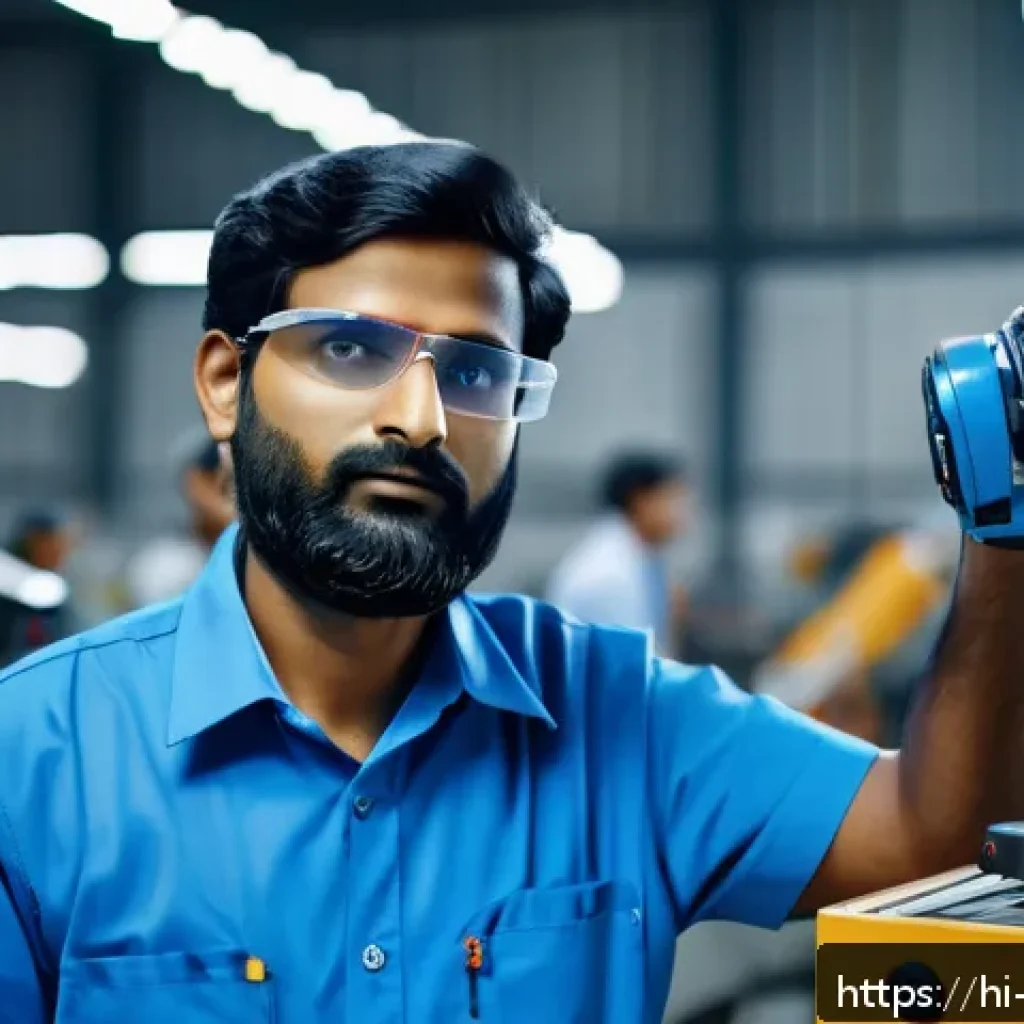 로봇기술사와 산업용 로봇 프로그래밍 - A skilled Indian robotics technician wearing a professional blue shirt and safety glasses, operating...