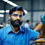 Home 20 로봇기술사와 산업용 로봇 프로그래밍 - A skilled Indian robotics technician wearing a professional blue shirt and safety glasses, operating...
