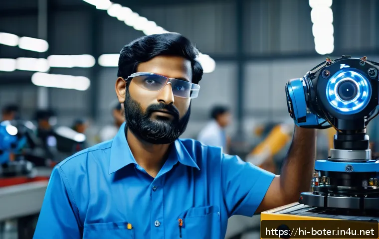 로봇기술사와 산업용 로봇 프로그래밍 - A skilled Indian robotics technician wearing a professional blue shirt and safety glasses, operating...