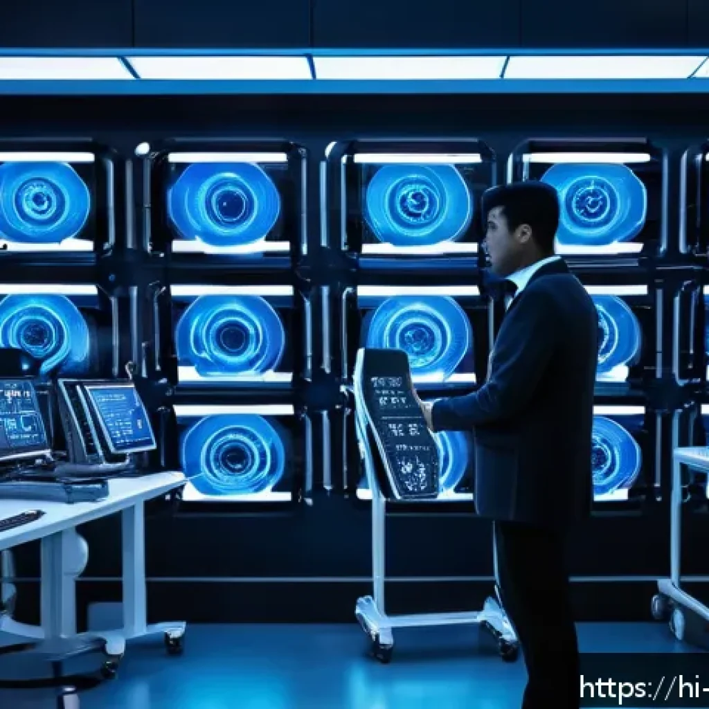 로봇기술사와 딥러닝 기반 로봇 제어 - A futuristic deep learning robot in a high-tech laboratory environment, surrounded by multiple data ...