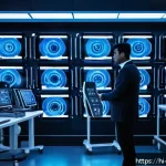 Home 19 로봇기술사와 딥러닝 기반 로봇 제어 - A futuristic deep learning robot in a high-tech laboratory environment, surrounded by multiple data ...