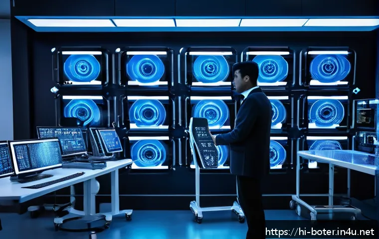 로봇기술사와 딥러닝 기반 로봇 제어 - A futuristic deep learning robot in a high-tech laboratory environment, surrounded by multiple data ...
