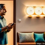 Home 18 로봇기술사와 로봇 AI 기술 활용 - A modern smart home interior scene in an Indian household setting, featuring a middle-aged man contr...