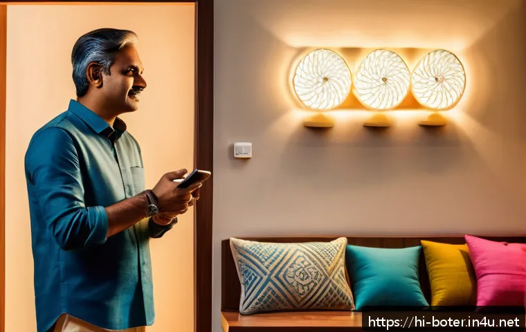 로봇기술사와 로봇 AI 기술 활용 - A modern smart home interior scene in an Indian household setting, featuring a middle-aged man contr...