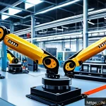 Home 23 로봇기술사와 산업용 로봇의 발전사 - A highly detailed industrial articulated robot arm performing complex assembly tasks in a modern aut...