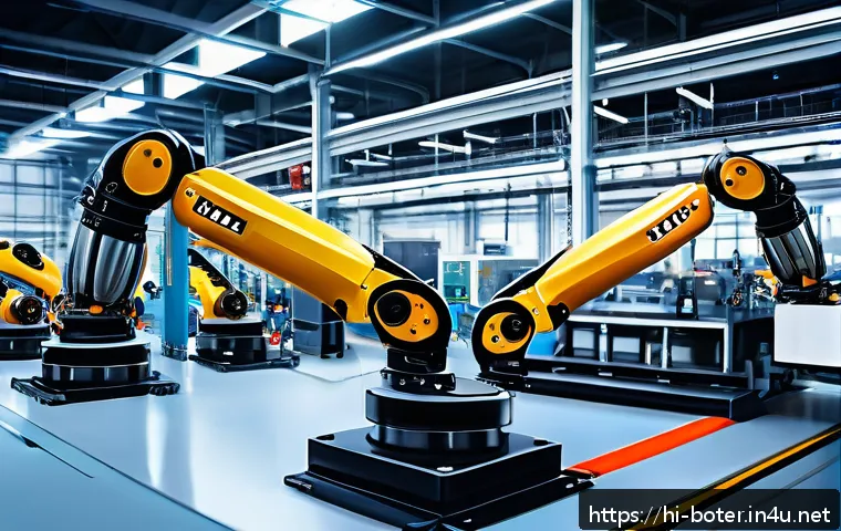 로봇기술사와 산업용 로봇의 발전사 - A highly detailed industrial articulated robot arm performing complex assembly tasks in a modern aut...
