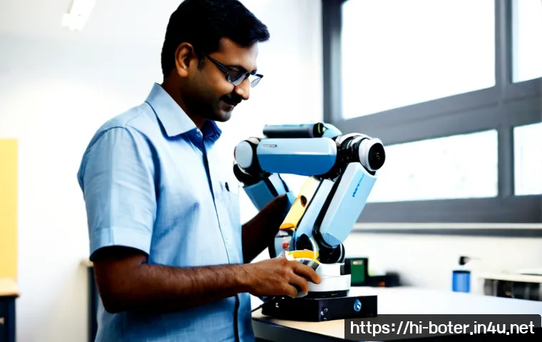 Home 17 로봇기술사와 최신 로봇 기술 동향 - Photorealistic modern robotics laboratory in India, a middle-aged Indian robotics engineer in a smar...